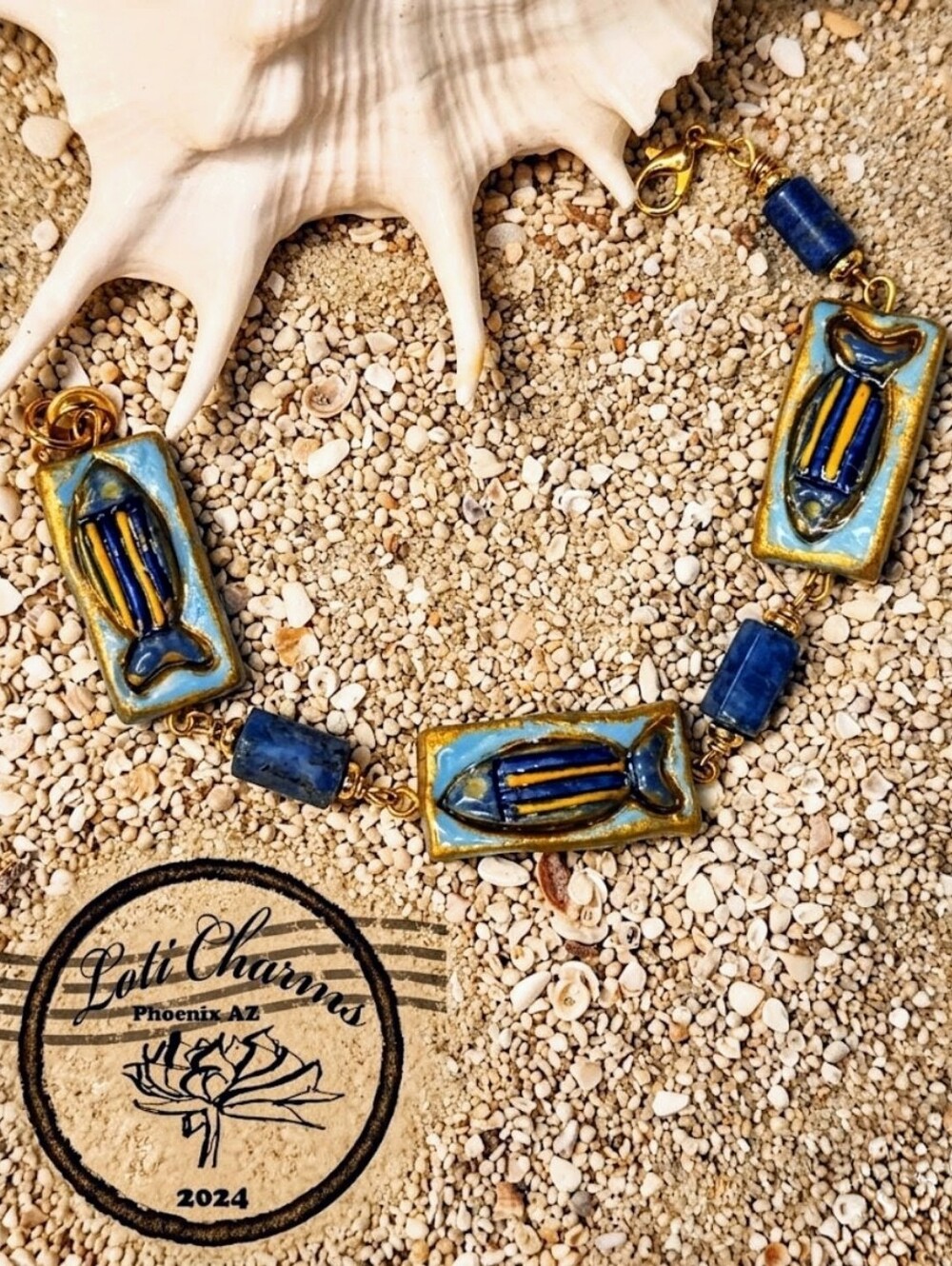 Santorini Inspired Handpainted Blue Fish Tiles & Apatite In Artisan Bracelet